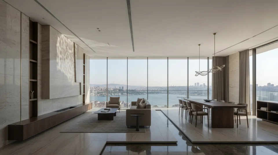 Kule Residence, Boğaz manzarasına açılan aydınlık salon ve yemek alanı