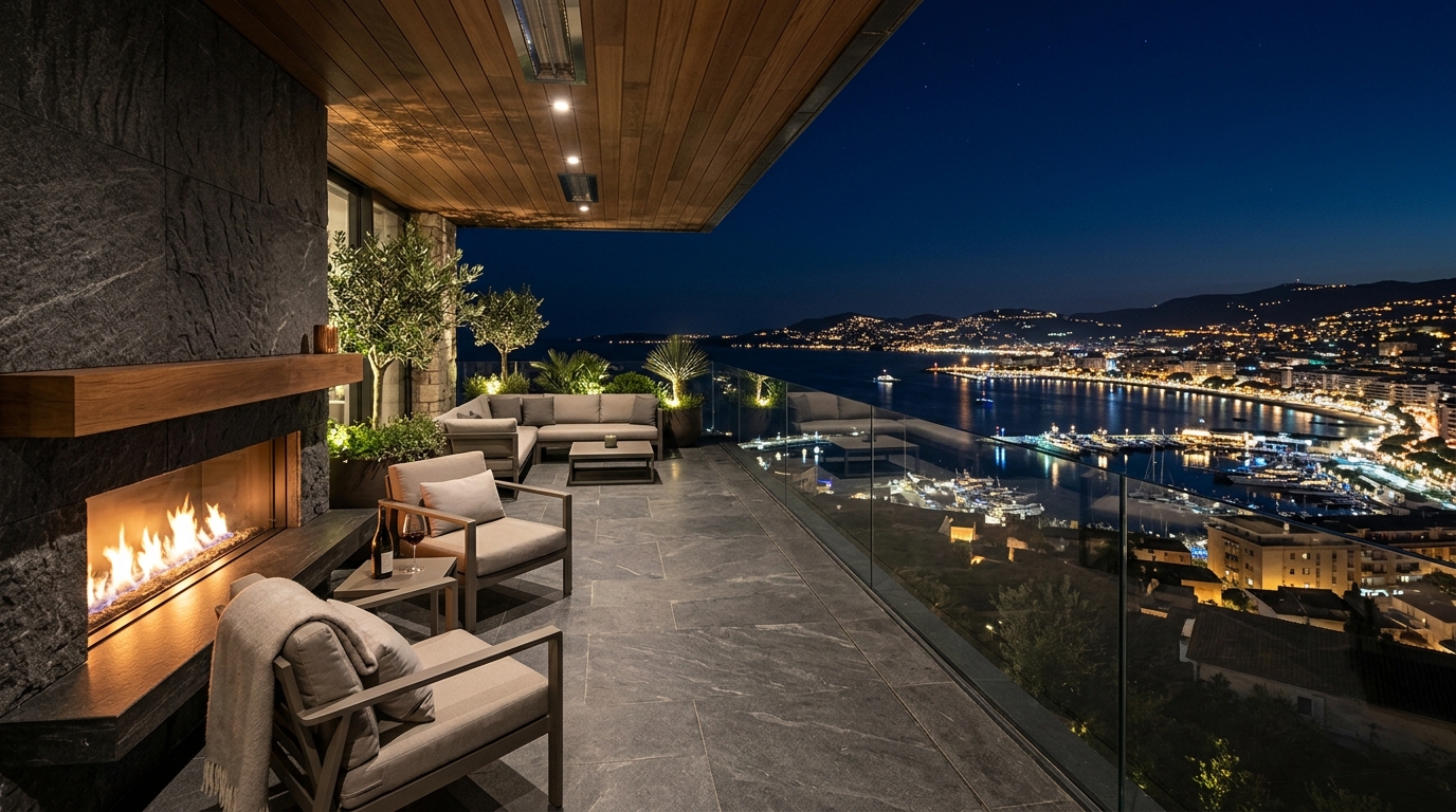 Kule Residence açık teras mimarisi Kule Residence teras şömine alanı gece görünümü